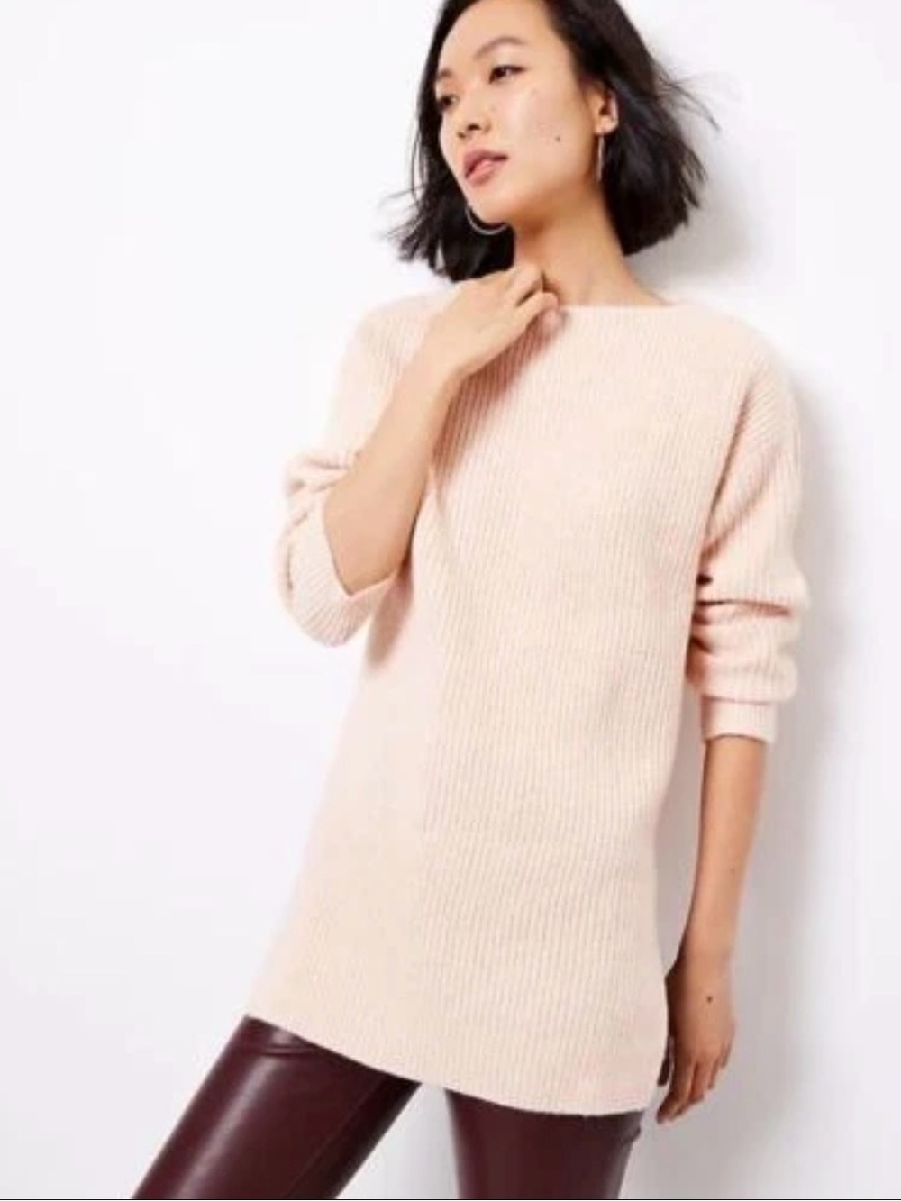 LOFT Ribbed Boatneck Tunic Light Pink Blush oversized Sweater Wool Blend XL